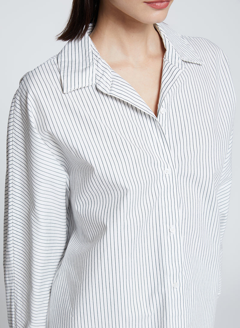 Elliott Poplin Stripe Dolman Shirt in Verde-close up 