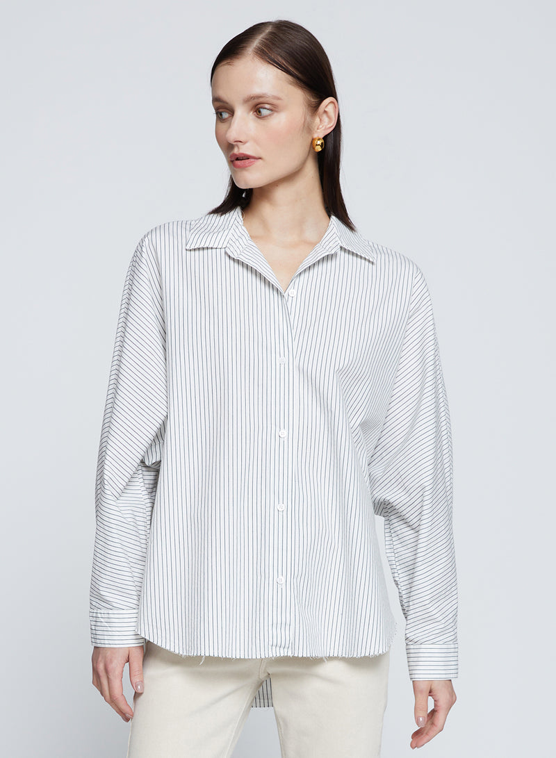 Elliott Poplin Stripe Dolman Shirt in Verde-3/4 view model is looking away 