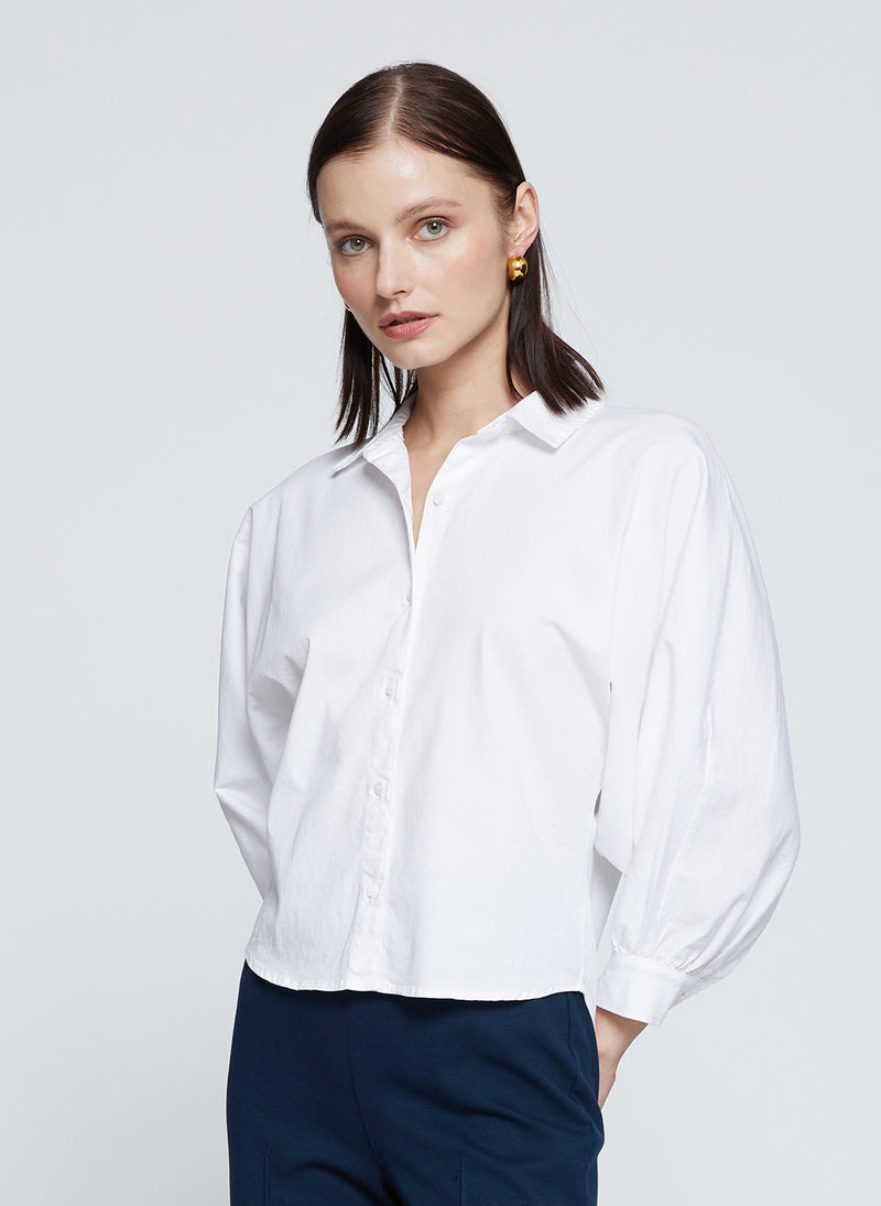 Sandman Poplin Dolman Puff Sleeve Shirt in White