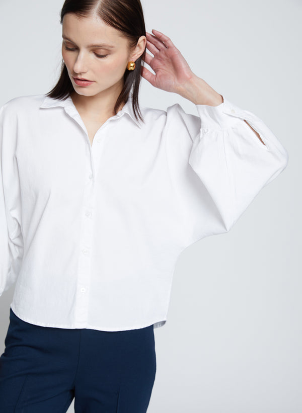 Sandman Poplin Dolman Puff Sleeve Shirt in White