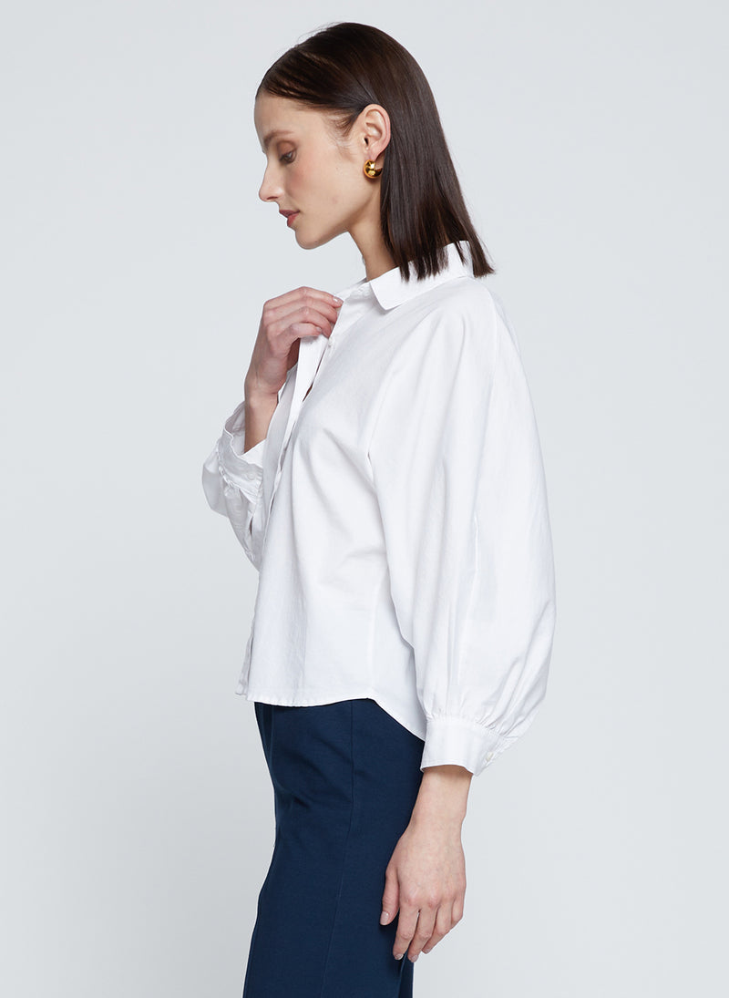 Sandman Poplin Dolman Puff Sleeve Shirt in White