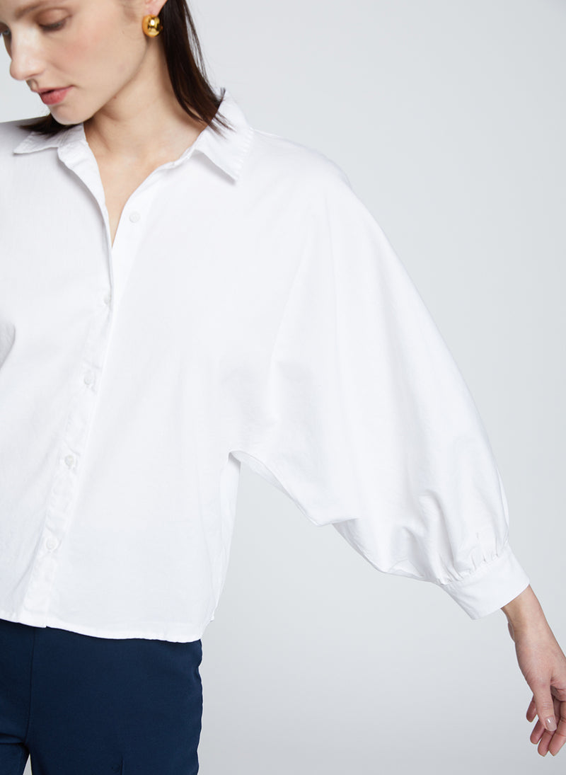 Sandman Poplin Dolman Puff Sleeve Shirt in White