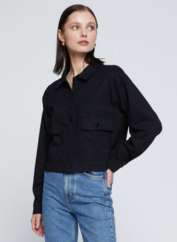 Ponte Cropped Jacket in Black-3/4 front view model is looking away