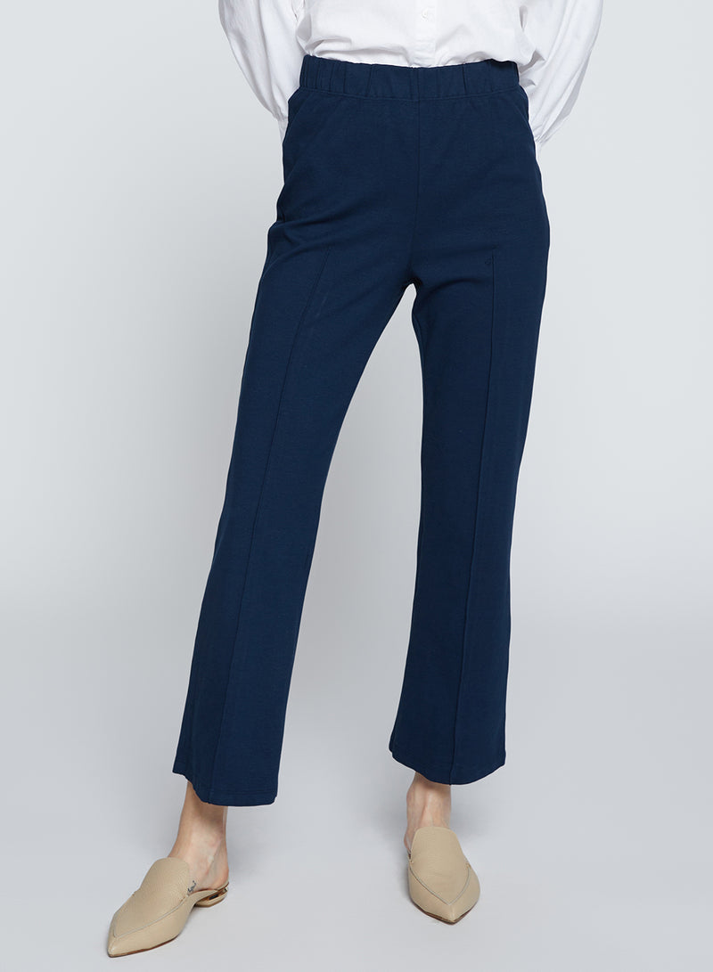  Ponte Cropped Kick Flare Pant in New Navy-close up of pants