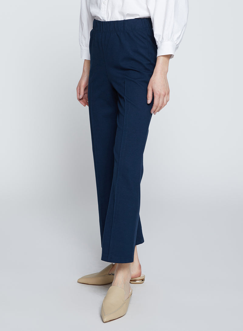 Ponte Cropped Kick Flare Pant in New Navy-side view close up 