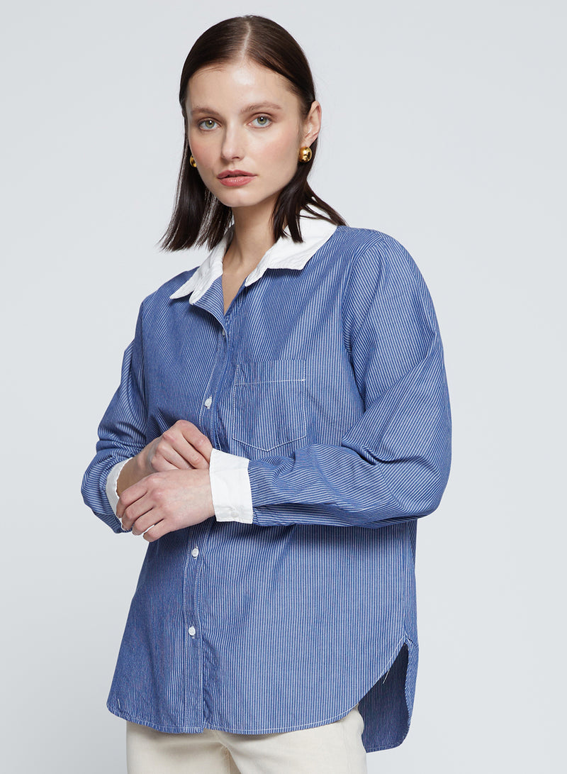 Owen Stripe Classic Pocket Shirt in Owen Blue-3/4 front 