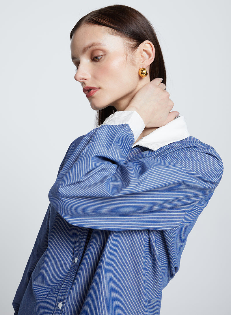 Owen Stripe Classic Pocket Shirt in Owen Blue-close up 