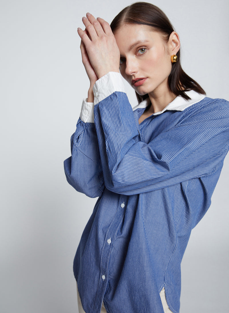 Owen Stripe Classic Pocket Shirt in Owen Blue-close up of sleeves