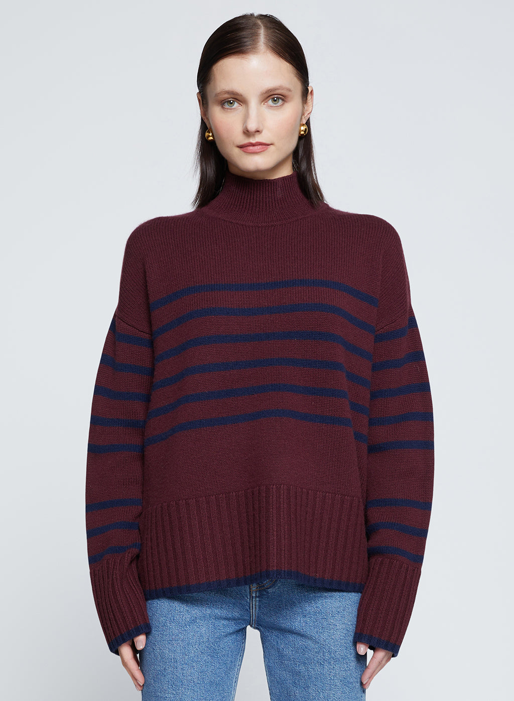 Striped Mock Neck Sweater in Cherry Liquor