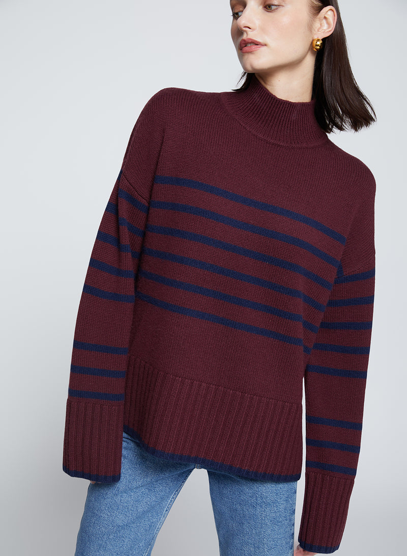 Striped Mock Neck Sweater in Cherry Liquor-close up 