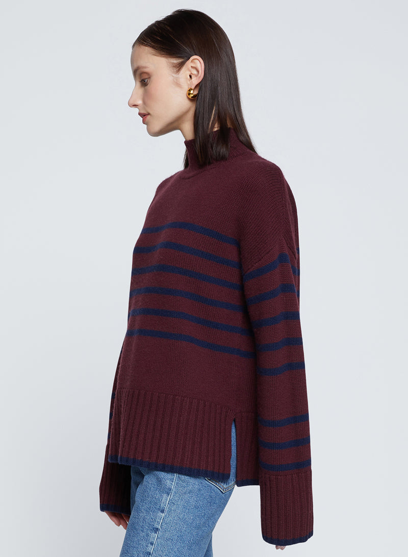 Striped Mock Neck Sweater in Cherry Liquor-side view