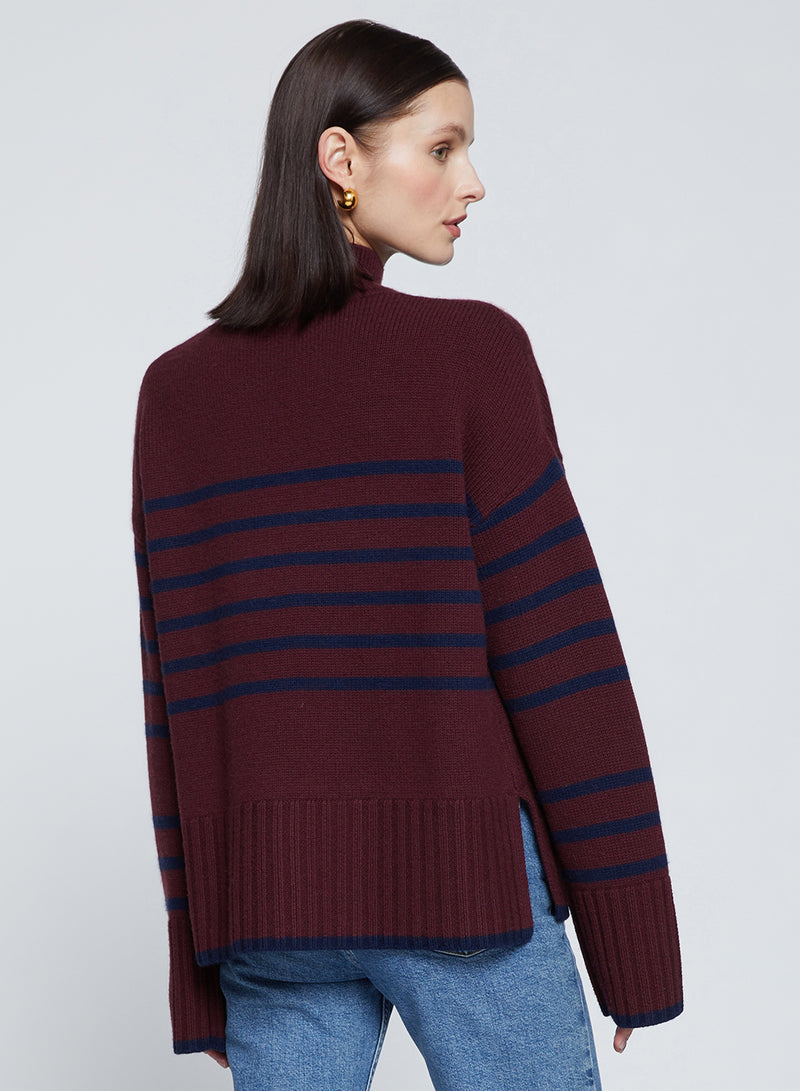 Striped Mock Neck Sweater in Cherry Liquor-back 