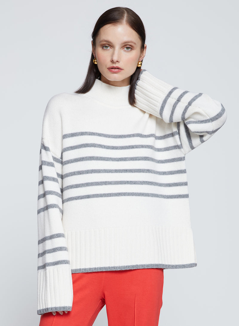 Striped Mock Neck Sweater in Cream-front view