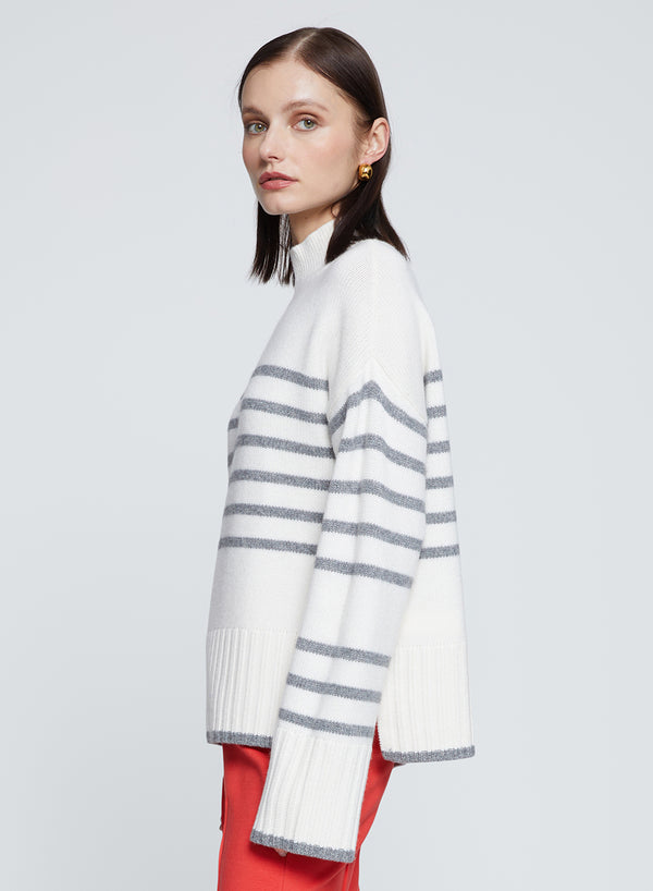 Striped Mock Neck Sweater in Cream-side 