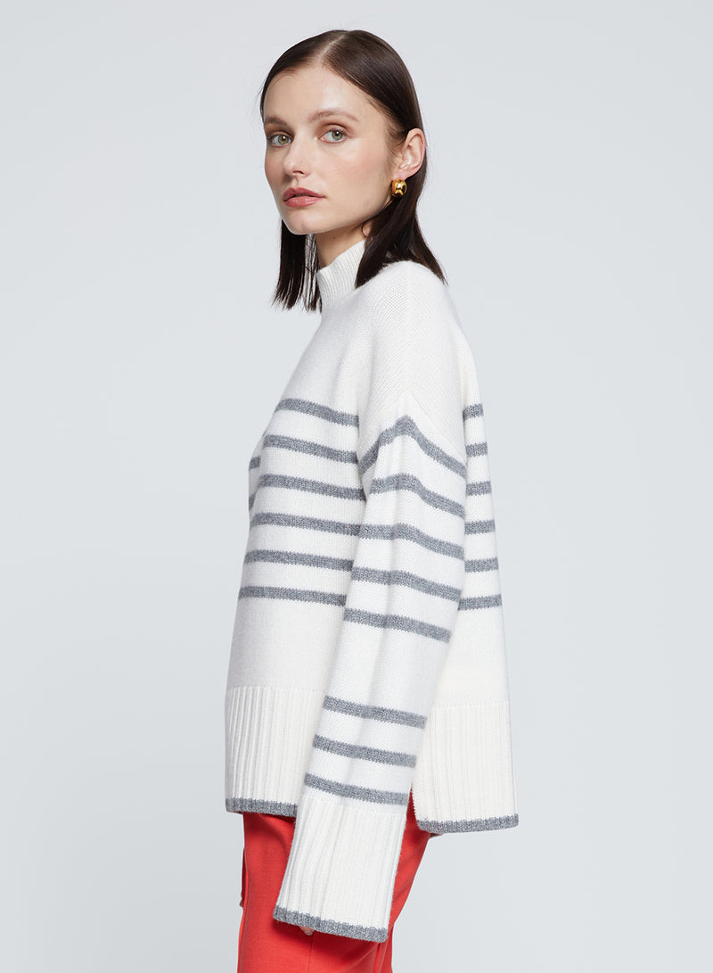 Striped Mock Neck Sweater in Cream-side 