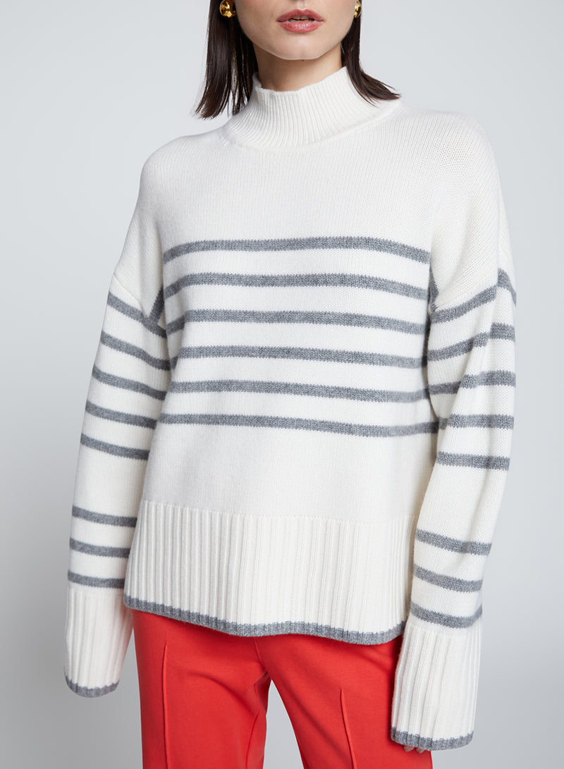 Striped Mock Neck Sweater in Cream-close up 