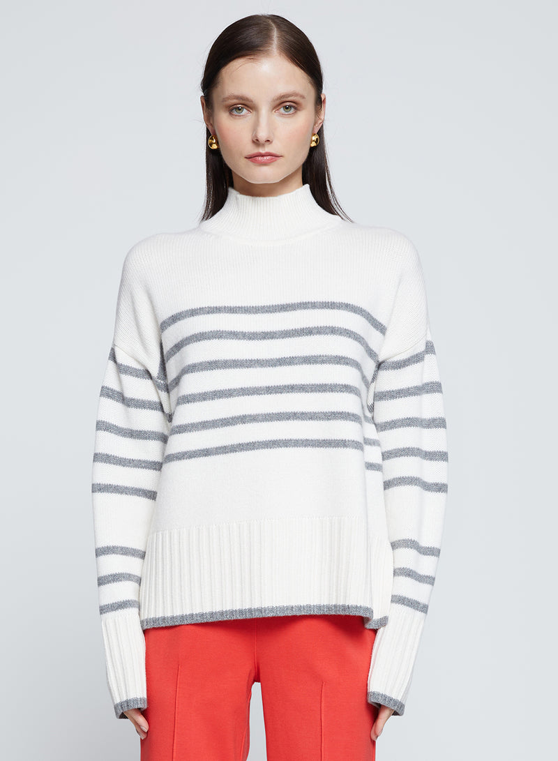 Striped Mock Neck Sweater in Cream-c lose up