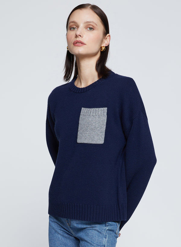 Colorblock Pocket Crew Sweater in New Navy-3/4 front 