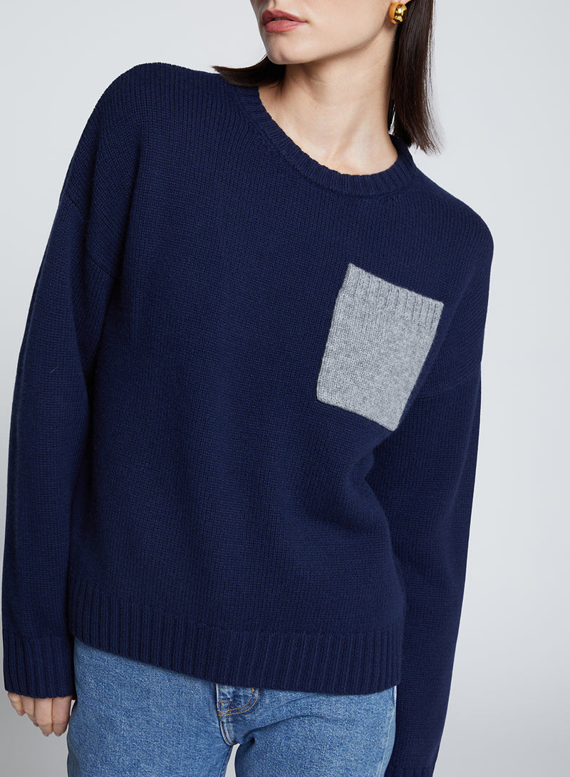 Colorblock Pocket Crew Sweater in New Navy-close up 