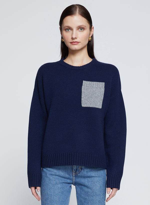 Colorblock Pocket Crew Sweater in New Navy-3/4 front  view