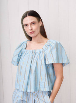 Column Stripe Poplin Swing Top in Blue Multi Stripe