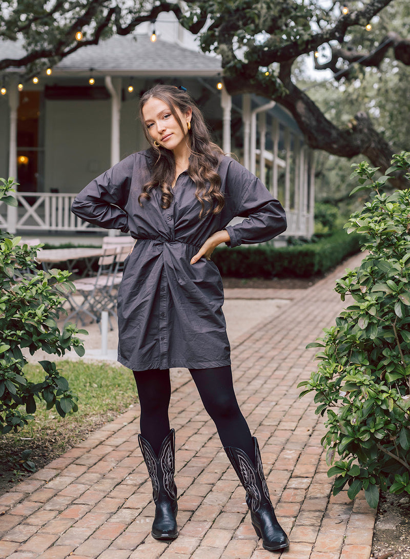 shirt dress knee high boots Madewell Denim Shirtdress and Suede Over the Knee Boots