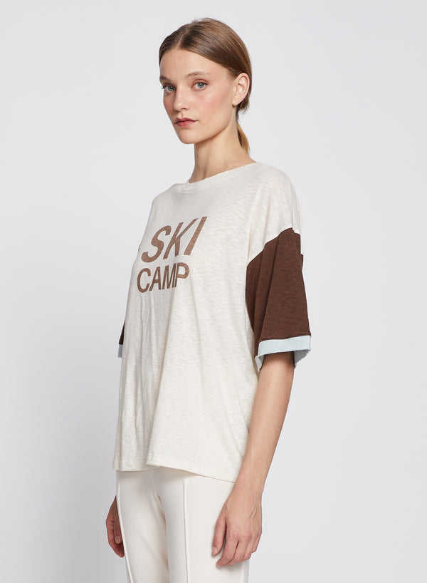 Ski Camp Colorblock Boyfriend Tee in Cream/Espresso-3/4 side views