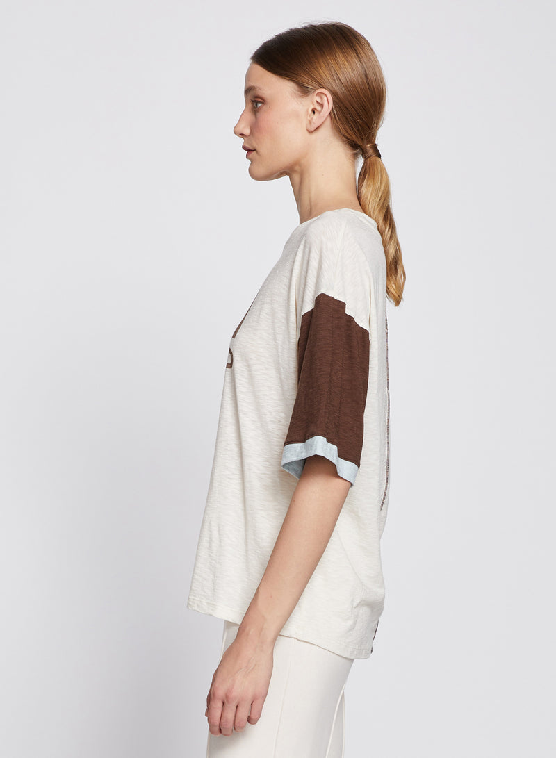 Ski Camp Colorblock Boyfriend Tee in Cream/Espresso-3/4 side view