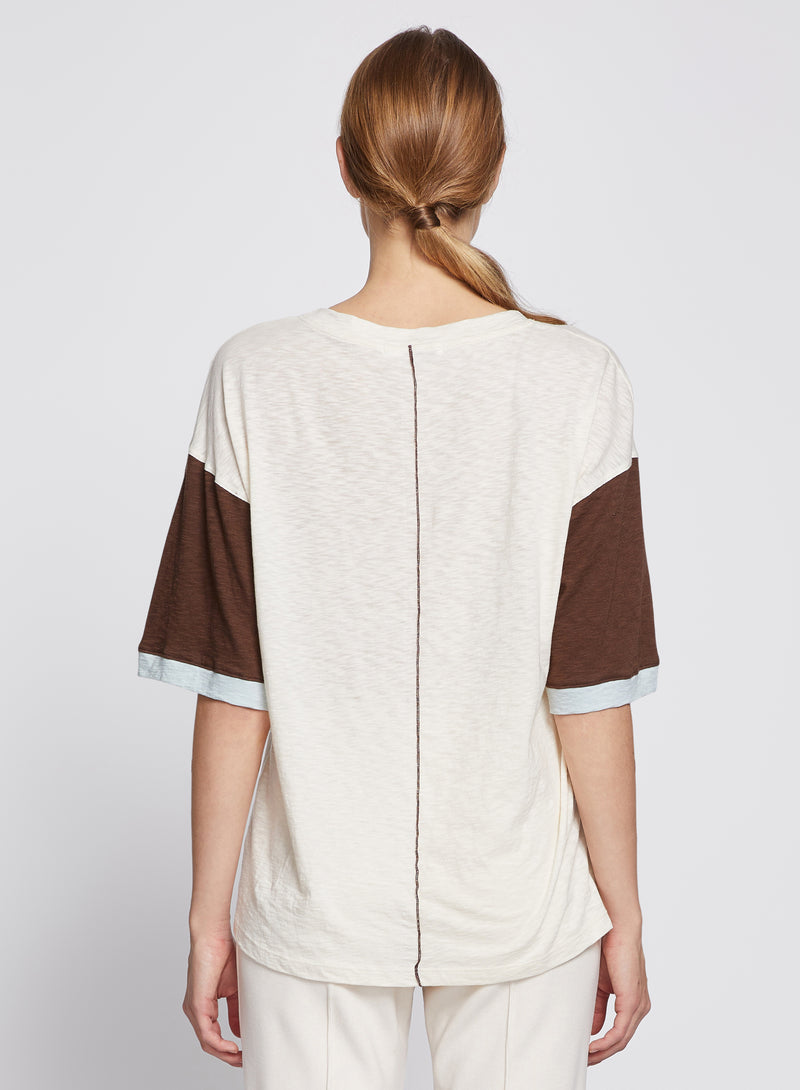 Ski Camp Colorblock Boyfriend Tee in Cream/Espresso-3/4 back view