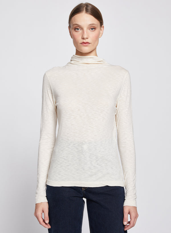 Asymmetric Neck Long Sleeve Top in Cream-3/4 front view