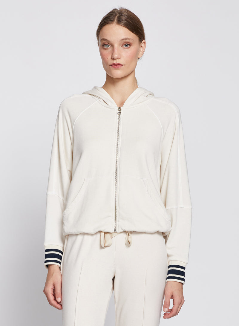 Softest Fleece Ribbed Zip Hoodie in Cream-3/4 front view