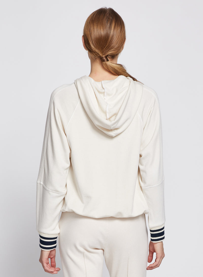 Softest Fleece Ribbed Zip Hoodie in Cream3/4 back view