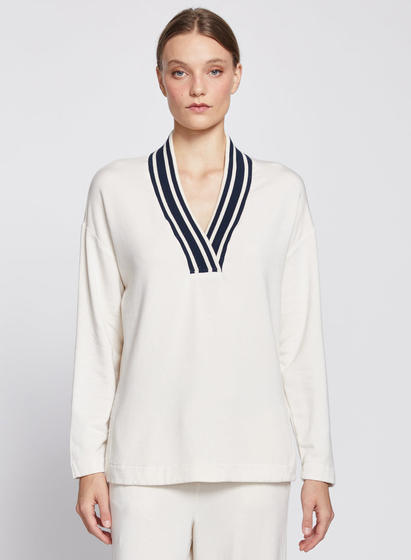 Softest Fleece Ribbed V-Neck Pullover in Cream