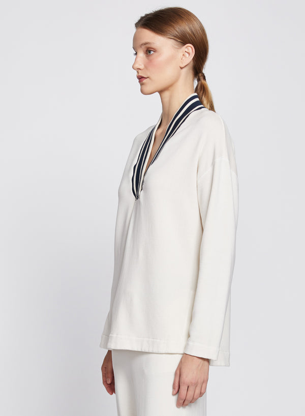 Softest Fleece Ribbed V-Neck Pullover in Cream