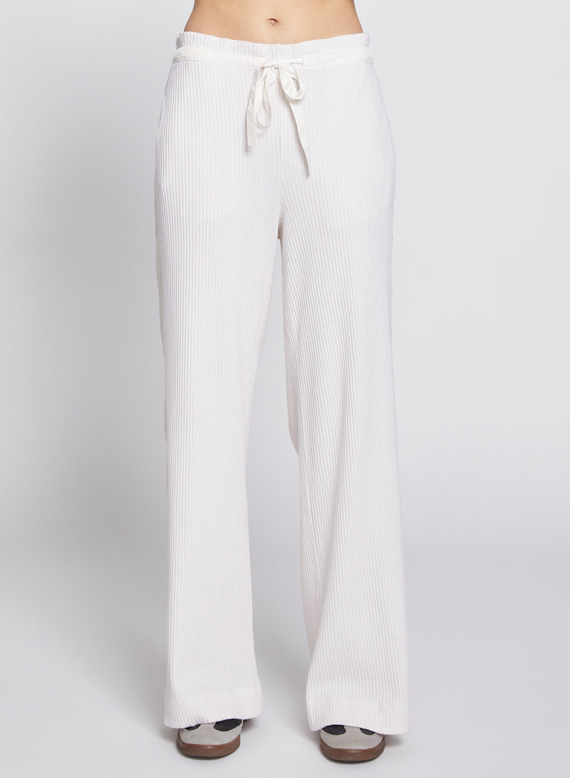 Luxe Thermal Ruched Waist Pant in Cream-3/4 front 