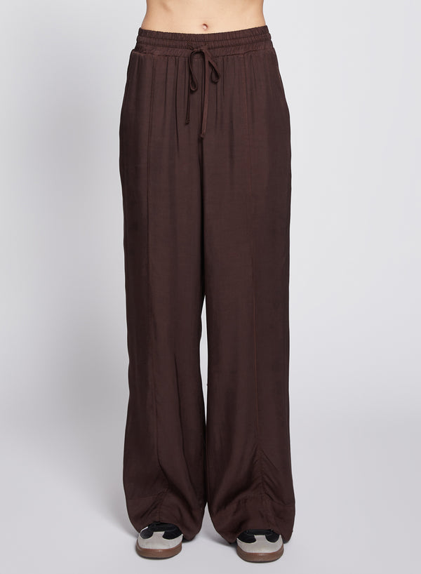 Satin Drawstring Trouser in Espresso-3/4 front view