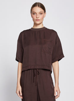 Satin Short Sleeve Pocket Top in Espresso-3/4 front view