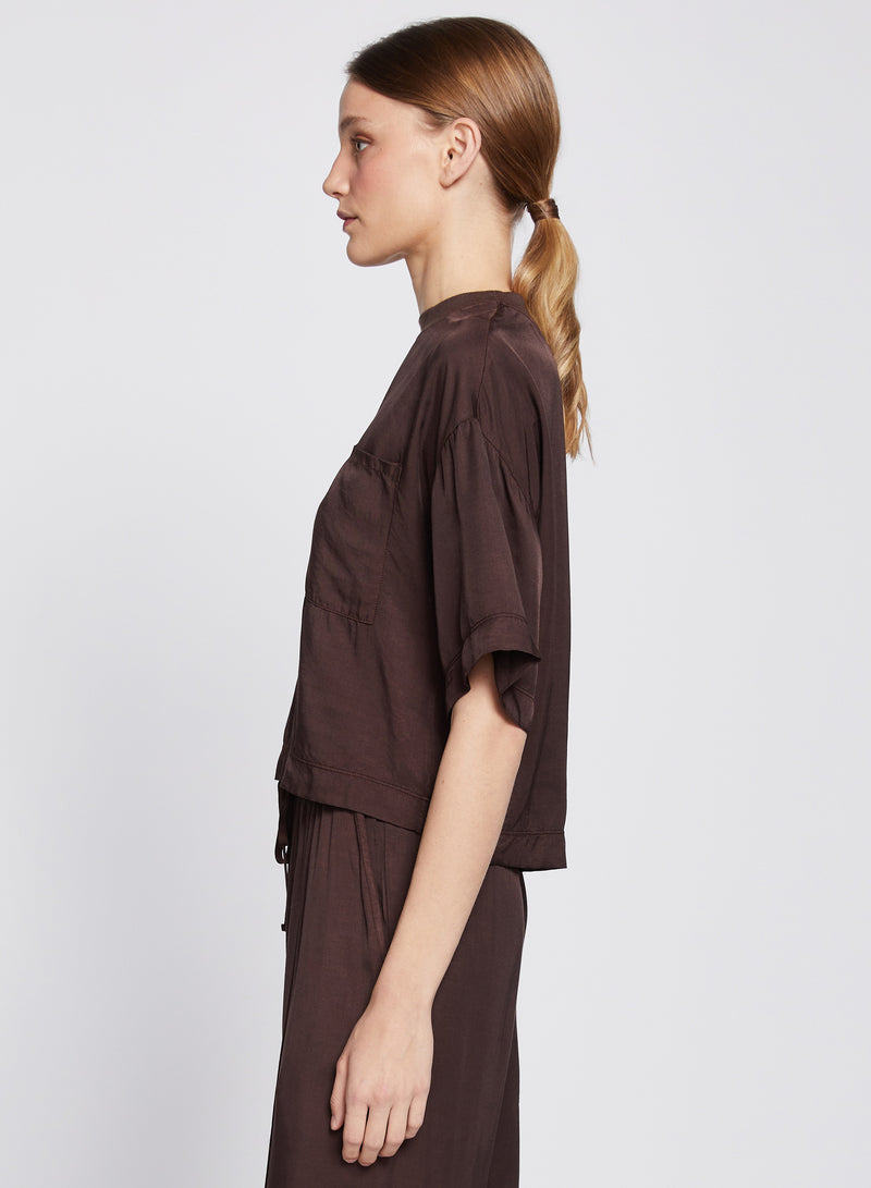 Satin Short Sleeve Pocket Top in Espresso
-3/4 side view