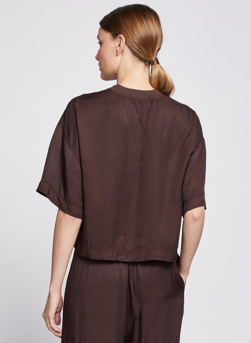 Satin Short Sleeve Pocket Top in Espresso
-back view 