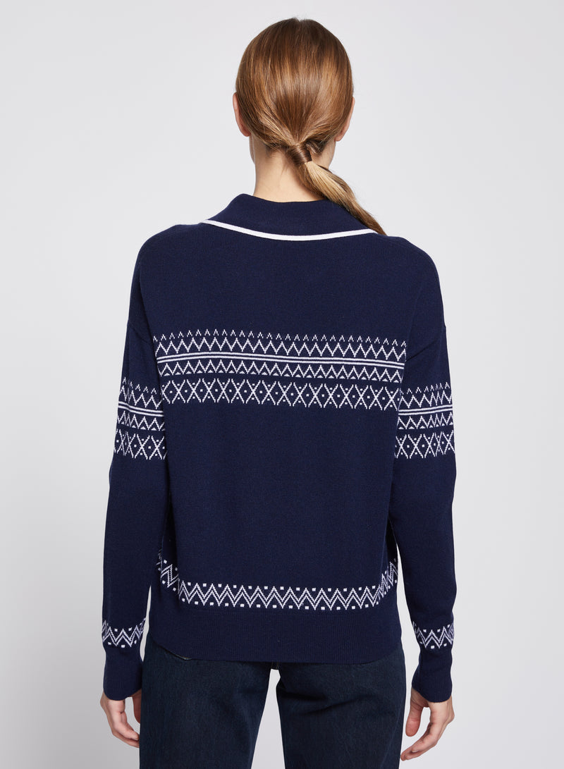 Faire Isle Collar Sweater in New Navy-back view