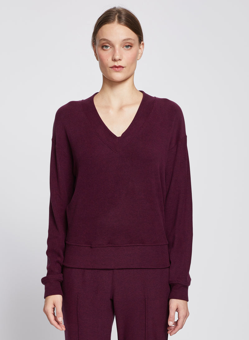 Honeyluxe V-Neck Pullover in Cherry Liquor-3/4 front