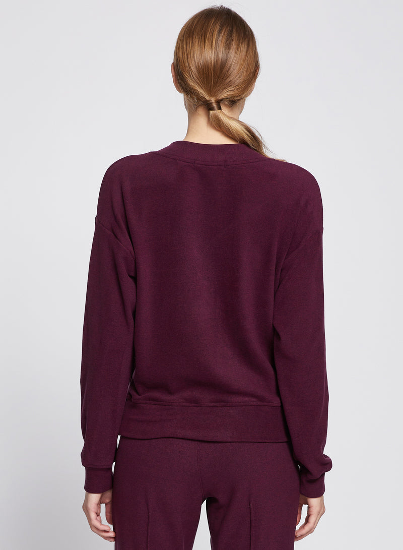 Honeyluxe V-Neck Pullover in Cherry Liquor-3/4 back view