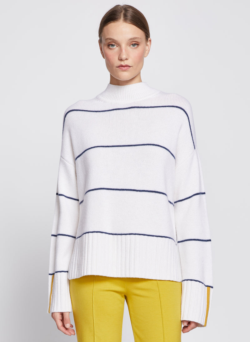 Wide Striped Mock Neck Sweater in Cream