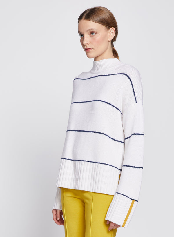 Wide Striped Mock Neck Sweater in Cream