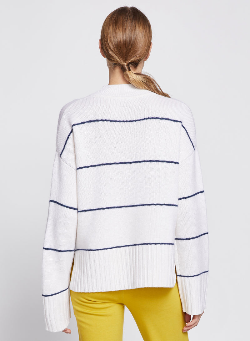 Wide Striped Mock Neck Sweater in Cream