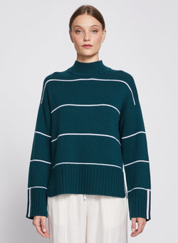 Striped Mock Neck Sweater in Evergreen-3/4 front