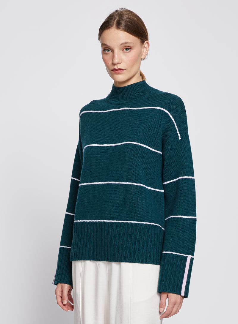 Striped Mock Neck Sweater in Evergreen-side view