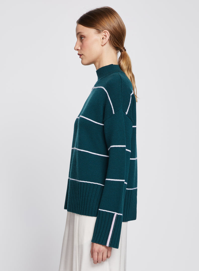 Striped Mock Neck Sweater in Evergreen-side view