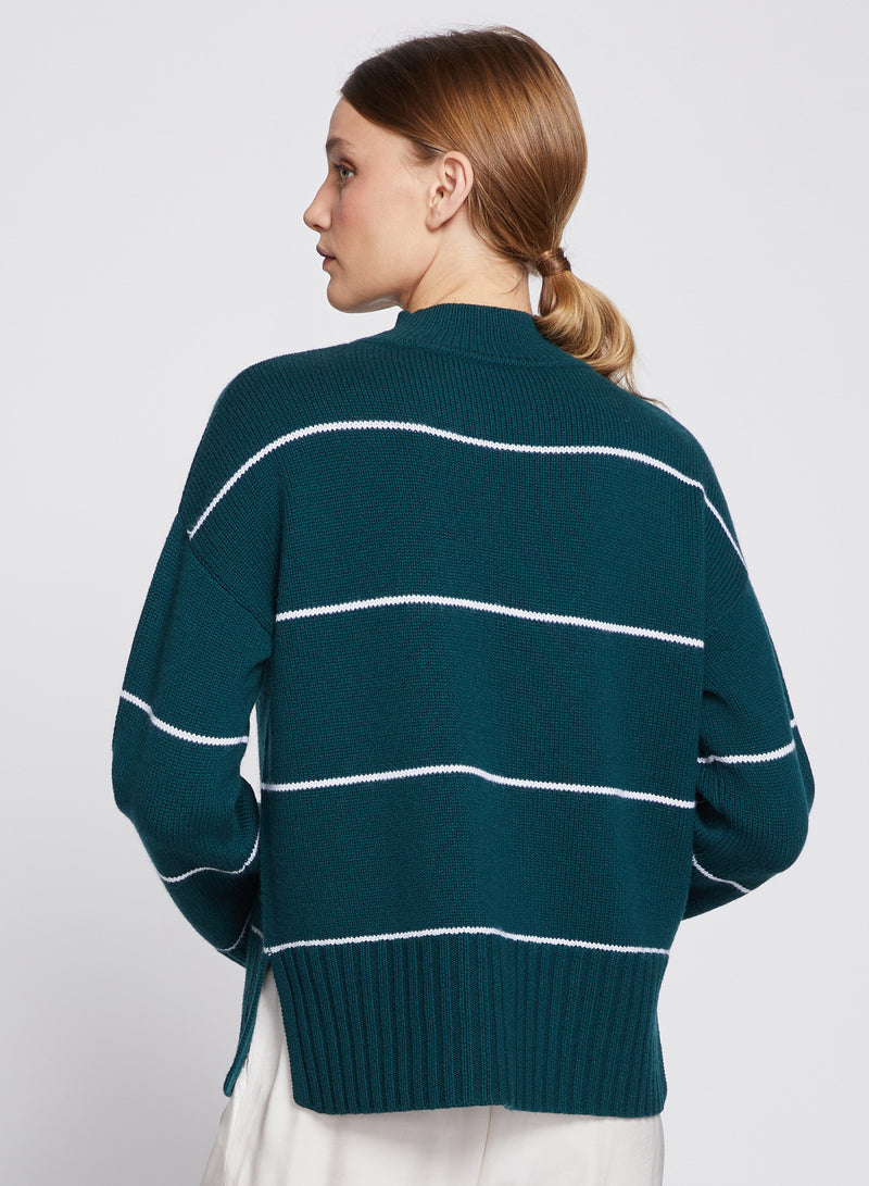 Striped Mock Neck Sweater in Evergreen-3/4 back view