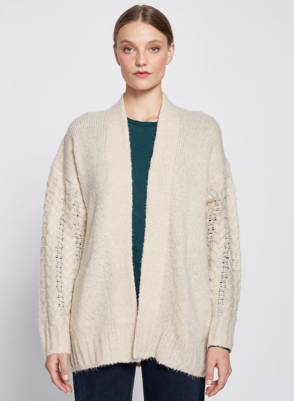 Cableknit Sleeve Cardigan in Cream-3/4 front